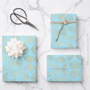 Gold & Light Blue Art Deco Pattern Wrapping Paper Sheet