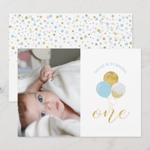 Gold & Light Blue Balloons Boy 1st Birthday Party Invitation
