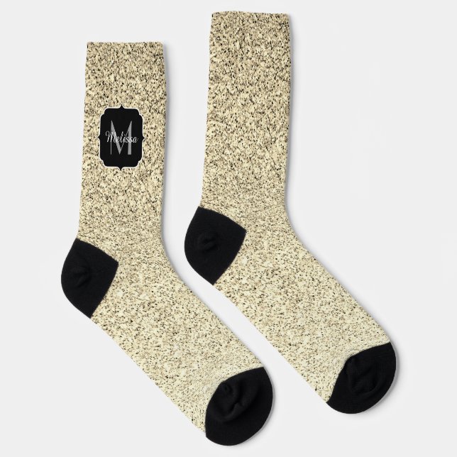 Gold light soft faux glitter sparkles Monogram Socks (Right)