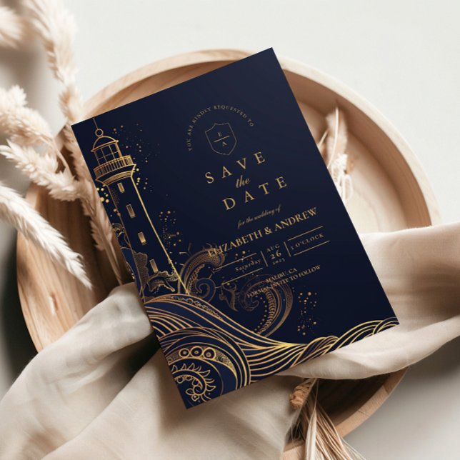 Gold Lighthouse Night Wedding Save The Date (Creator Uploaded)