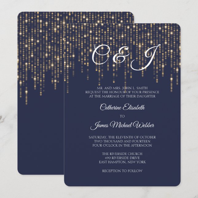 Gold Lights, Midnight Blue, Elegant Wedding Invitation (Front/Back)