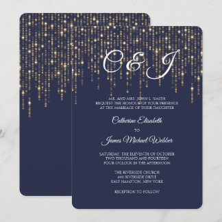 Gold Lights, Midnight Blue, Elegant Wedding Invitation