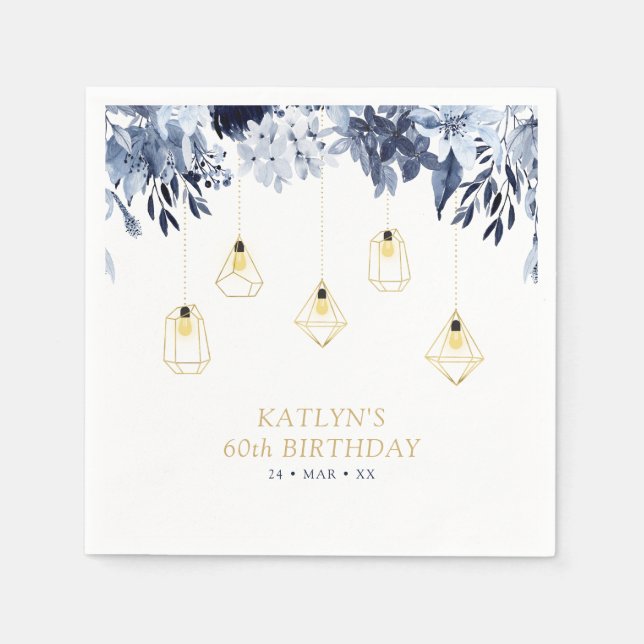 Gold Lights & Navy Blue Floral Birthday Party Napkin (Front)