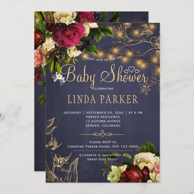 Gold lights winter rustic navy baby shower invitation (Front/Back)