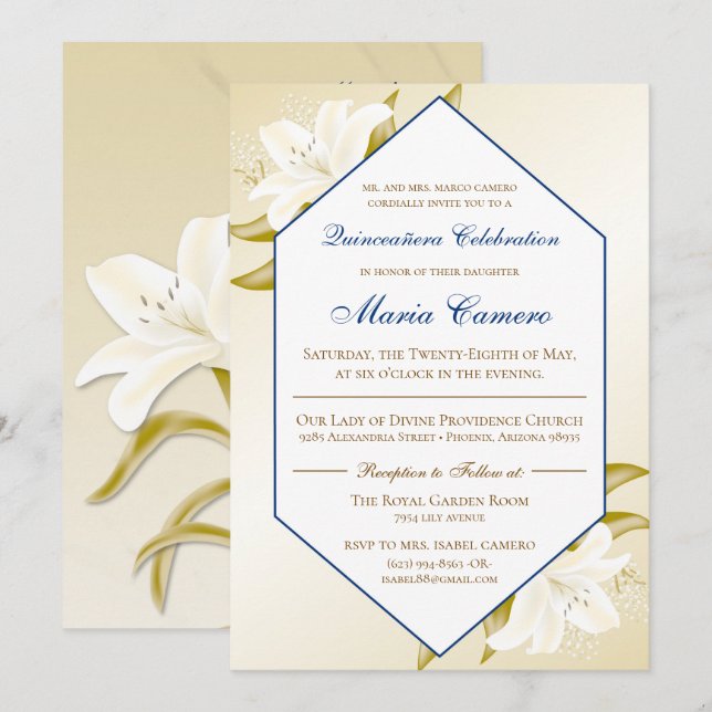 Gold Lilies & Navy Blue Quinceañera Invitation (Front/Back)