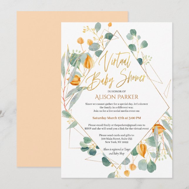 Gold Lily Eucalyptus Nature | Virtual Baby Shower Invitation (Front/Back)