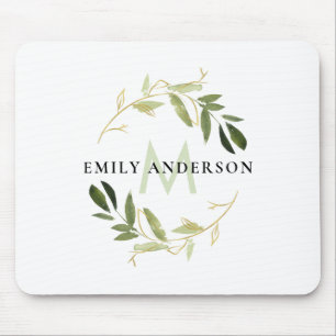 GOLD LIME GREEN FOLIAGE WATERCOLOR WREATH MONOGRAM MOUSE PAD