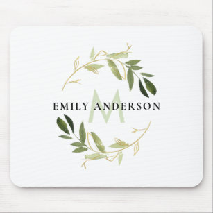 GOLD LIME GREEN FOLIAGE WATERCOLOR WREATH MONOGRAM MOUSE PAD
