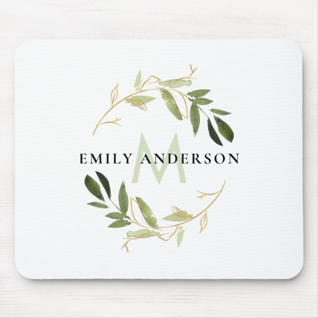 GOLD LIME GREEN FOLIAGE WATERCOLOR WREATH MONOGRAM MOUSE PAD (Front)