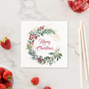 Gold Line Art and Red Berries Christmas Napkin