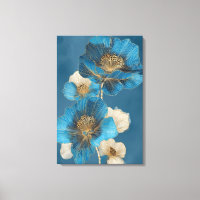 Gold Line Art Blue Botanical Poppy Floral
