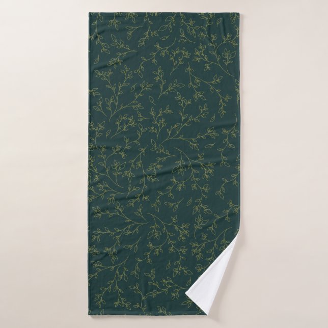 Gold Line Art Botanical Vine Pattern on Dark Green Bath Towel (Bath Towel)