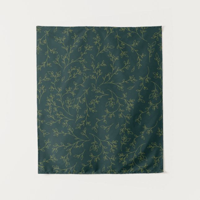 Gold Line Art Botanical Vine Pattern on Dark Green Tapestry (Front)