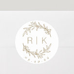 Gold Line Art Botanical Wreath Wedding Monogram Classic Round Sticker<br><div class="desc">Custom-designed wedding monogram stickers featuring elegant hand drawn style brown gold botanical wreath with couple's initials and wedding date. Perfect for wedding save the dates,  envelops,  wedding favour packagings and more.</div>