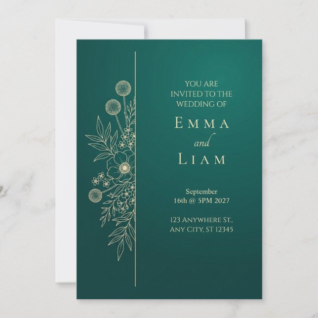 Gold Line Art Emerald Botanical Wedding Invitation (Front)