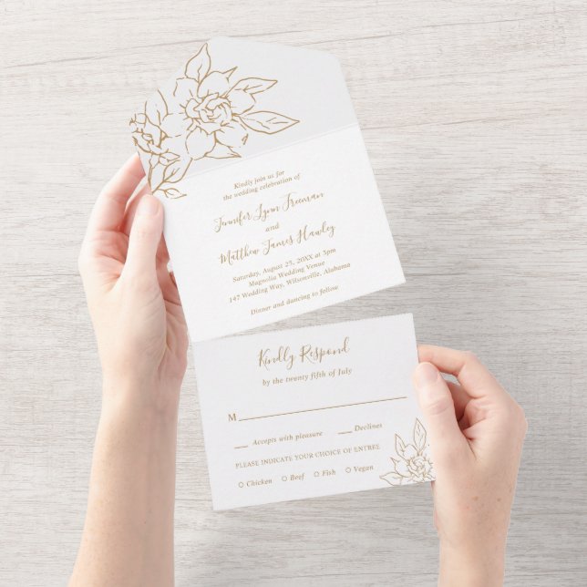 Gold Line Art Floral Elegant Wedding All In One Invitation (Tearaway)