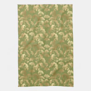 Gold Line Art Ginkgo Leaves Emerald Botanical Kitchen Towel