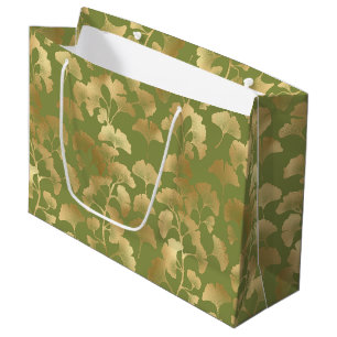 Gold Line Art Ginkgo Leaves Emerald Botanical Large Gift Bag