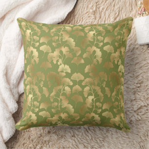 Gold Line Art Ginkgo Leaves Emerald Botanical Throw Pillow