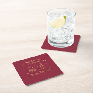 Gold Line Art New Year Design Square Paper Coaster