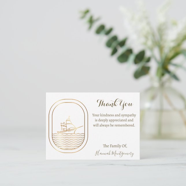 Gold Line Boat Ocean Thank You Card (Standing Front)