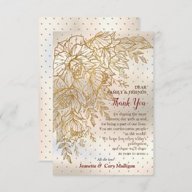 Gold line-drawing rose on a cream texture pattern RSVP card (Front/Back)