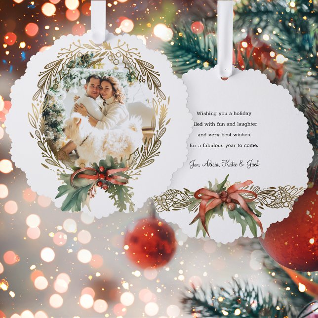 Gold Line-Drawn Christmas Wreath Photo Ornament Card (Creator Uploaded)