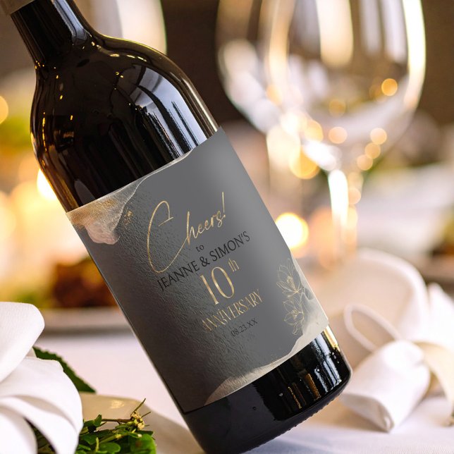 Gold Line Floral 10th Anniversary Cheers ID1169 Wine Label (Creator Uploaded)