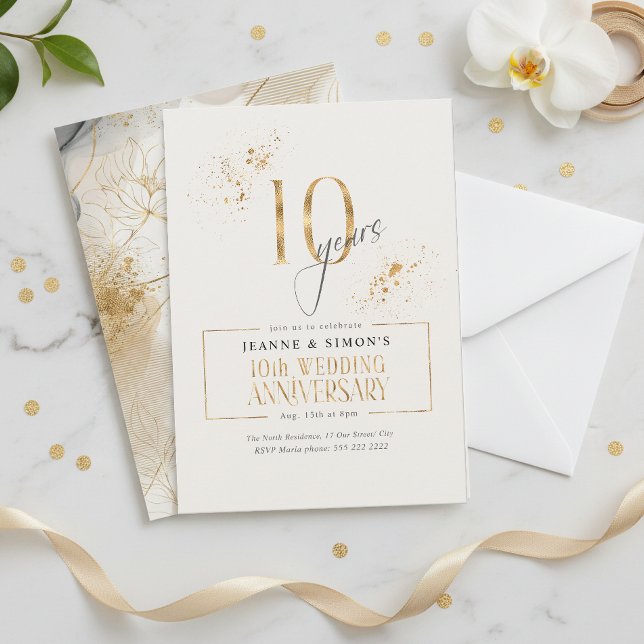 Gold Line Floral 10th Anniversary ID1169 Invitation (Creator Uploaded)