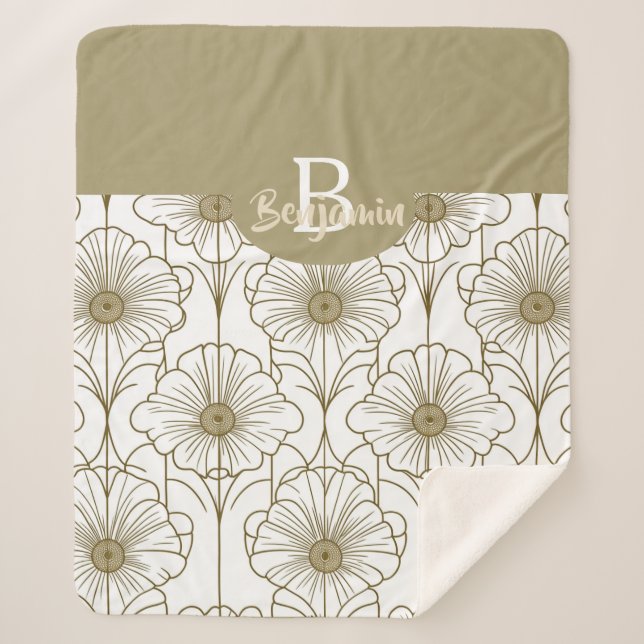 Gold Line Floral Pattern Sherpa Blanket (Front)