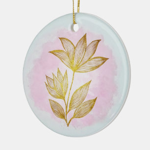 Gold Line Floral Pink Ceramic Christmas Ornament