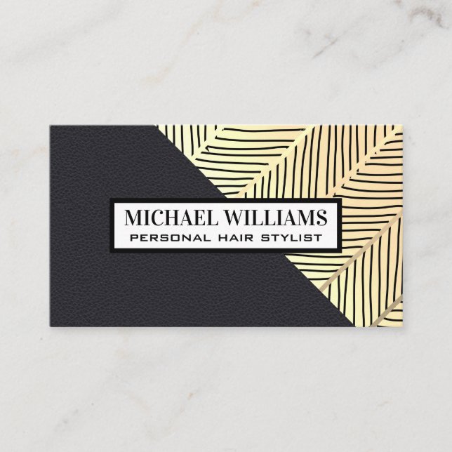 Gold Line Pattern | Leather Colour Block Business Card (Front)