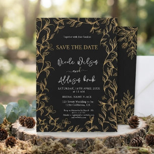 Gold Lined Floral Black Wedding Invitation