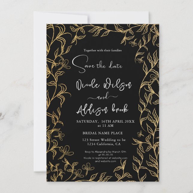 Gold Lined Floral Black Wedding Invitation (Front)