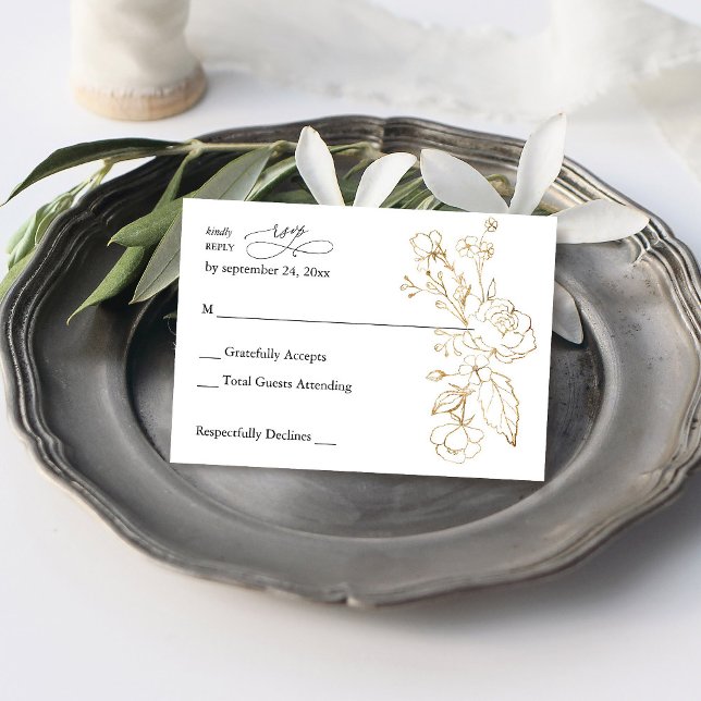 Gold Lined Floral no Meal RSVP Card (Creator Uploaded)