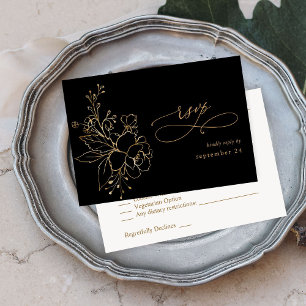 Gold Lined Floral on Black & Gold w Meal RSVP 2 Card