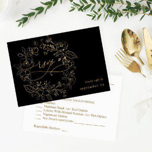 Gold Lined Floral on Black & Gold w Meal RSVP 3 Card