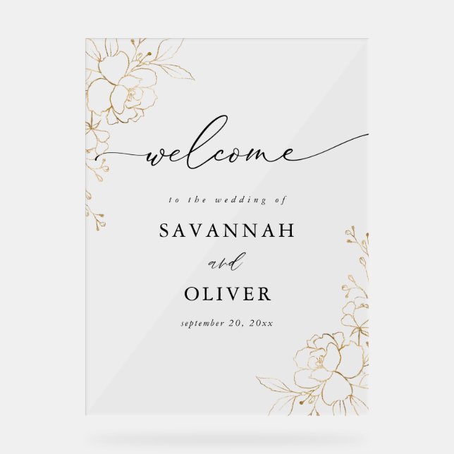 Gold Lined Floral Wedding Welcome Acrylic Sign (Front)