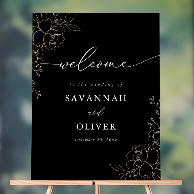 Gold Lined Floral Wedding Welcome - Black Acrylic Sign (Neutral)
