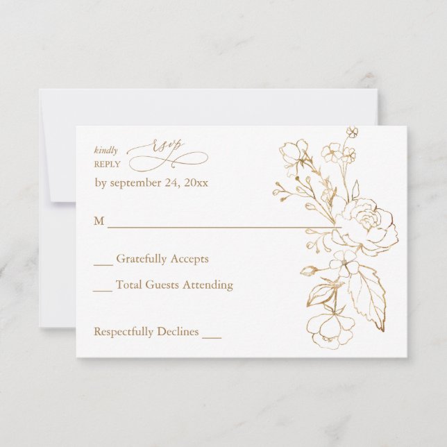 Gold Lined Floral White & Gold no Meal RSVP (Front)