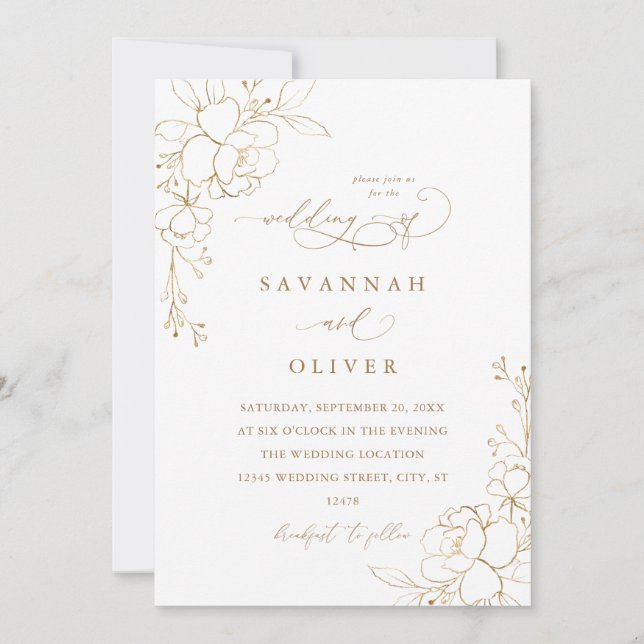 Gold Lined Floral White & Gold Wedding -Breakfast (Front)