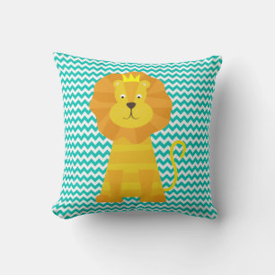 Gold Lion on Aqua Blue and White Chevron Stripe Throw Pillow