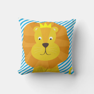 Gold Lion on Blue and White Stripe Throw Pillow