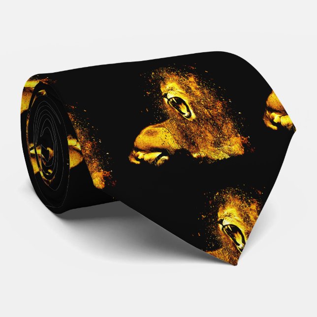 Gold Lion Print on Black Men's Necktie (Rolled)