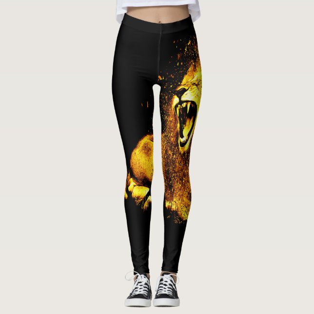 Gold Lion Roaring Print Leggings (Front)