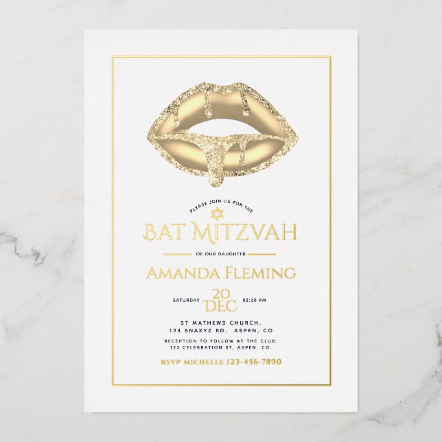 Gold Lips Bat Mitzvah Photo  Foil Invitation (Front)