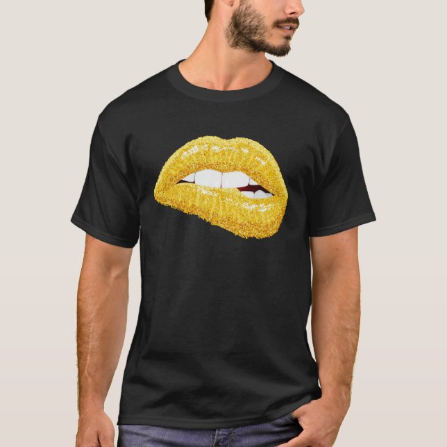 Gold Lips Biting Lipstick Makeup T-Shirt (Front)