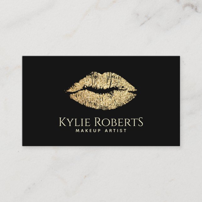 Gold Lips Black Elegant Makeup Artist Beauty  Business Card (Front)