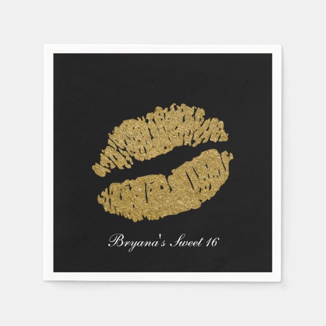 Gold Lips Faux Sparkle Kiss Beauty Makeup Party Napkin (Front)