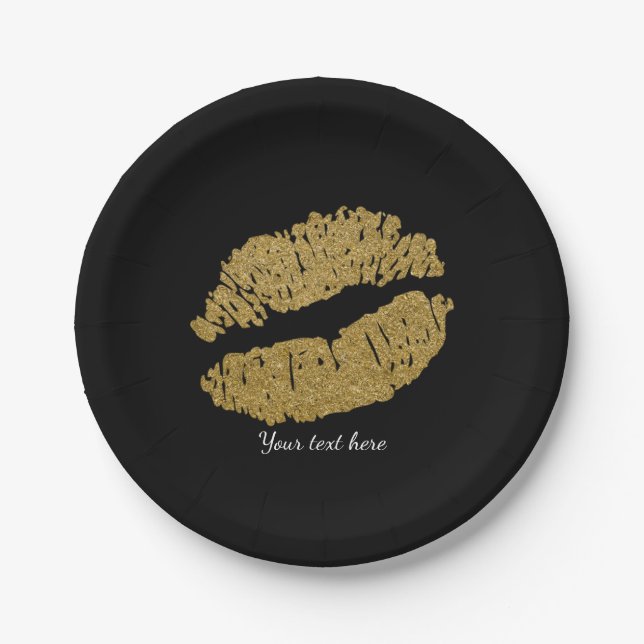 Gold Lips Faux Sparkle Kiss Beauty Makeup Party Paper Plate (Front)